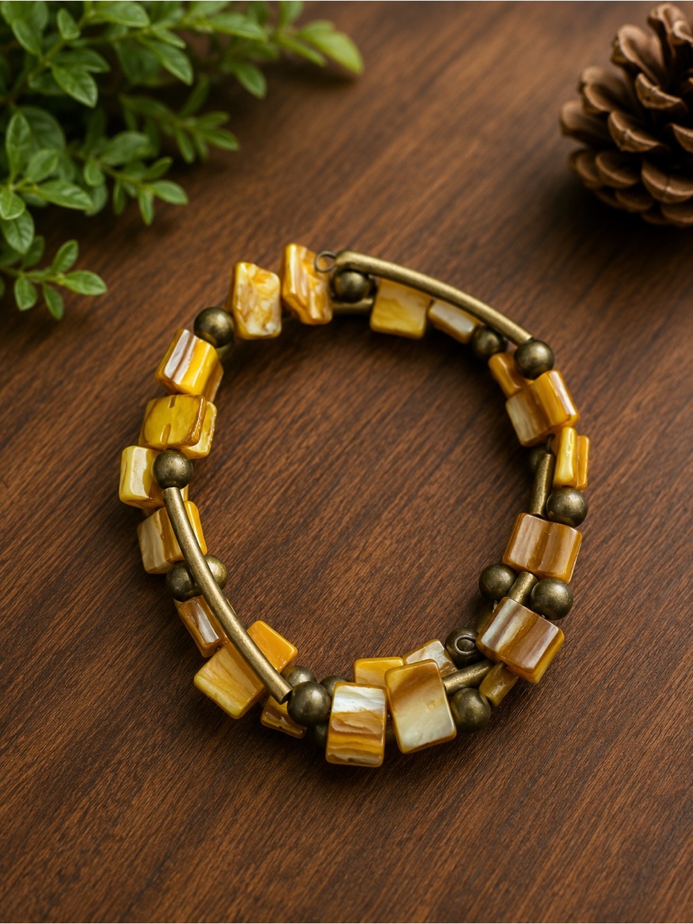 Boho Double Wrap Shell Bead Bracelet Brown Yellow Mother of Pearl Cuff Bangle